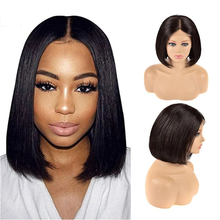 Real human hair 13x4 lace short bob wig in natural 1B colour with slanted bangs