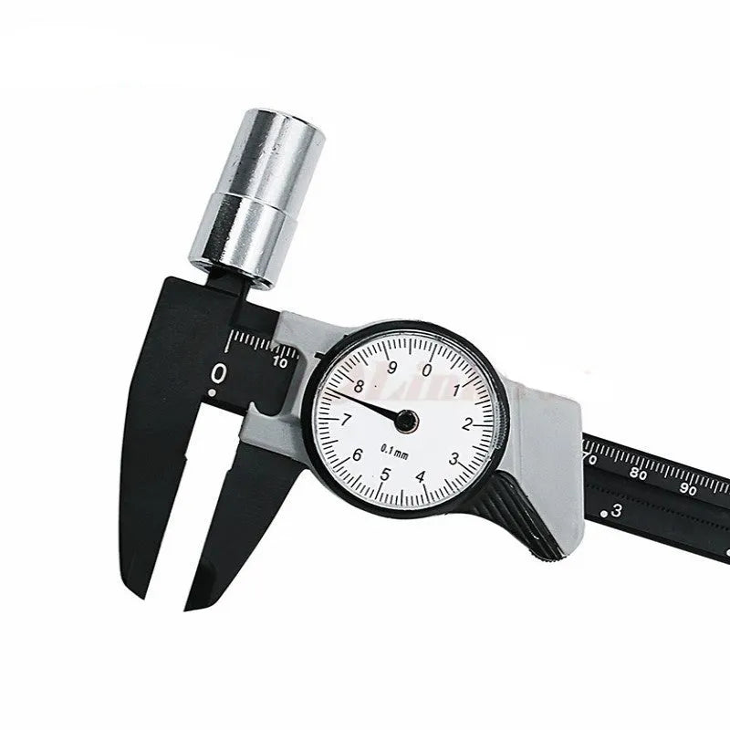 Black and white plastic vernier caliper showing 0-150mm measurement scale with stainless steel components