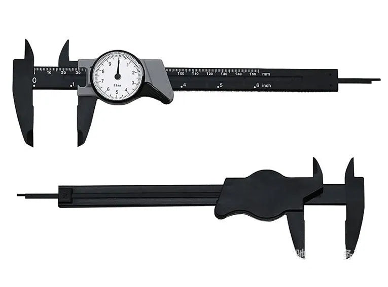 Black and white plastic vernier caliper showing 0-150mm measurement scale with stainless steel components