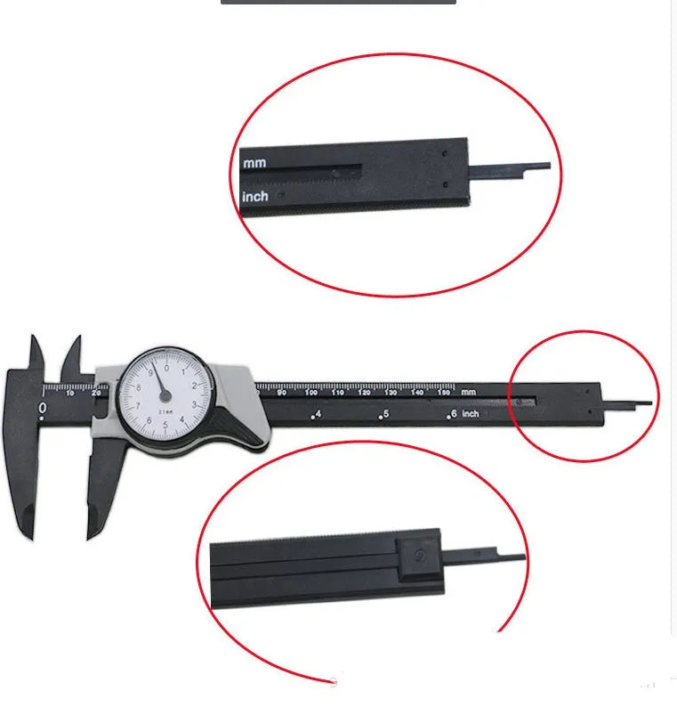 Black and white plastic vernier caliper showing 0-150mm measurement scale with stainless steel components