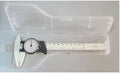 Black and white plastic vernier caliper showing 0-150mm measurement scale with stainless steel components
