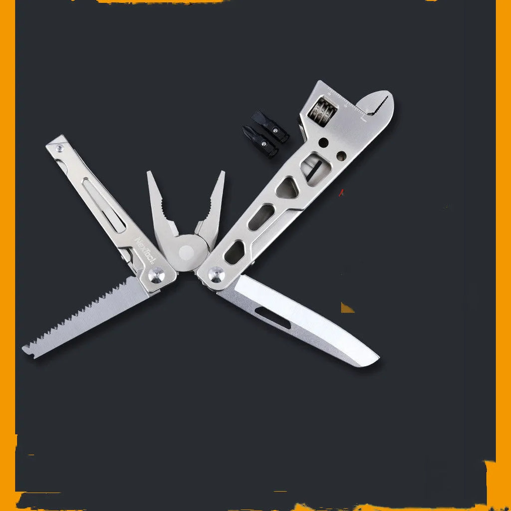 White stainless steel multi-function tool showing integrated wrench, knife blade, and needle nose pliers.