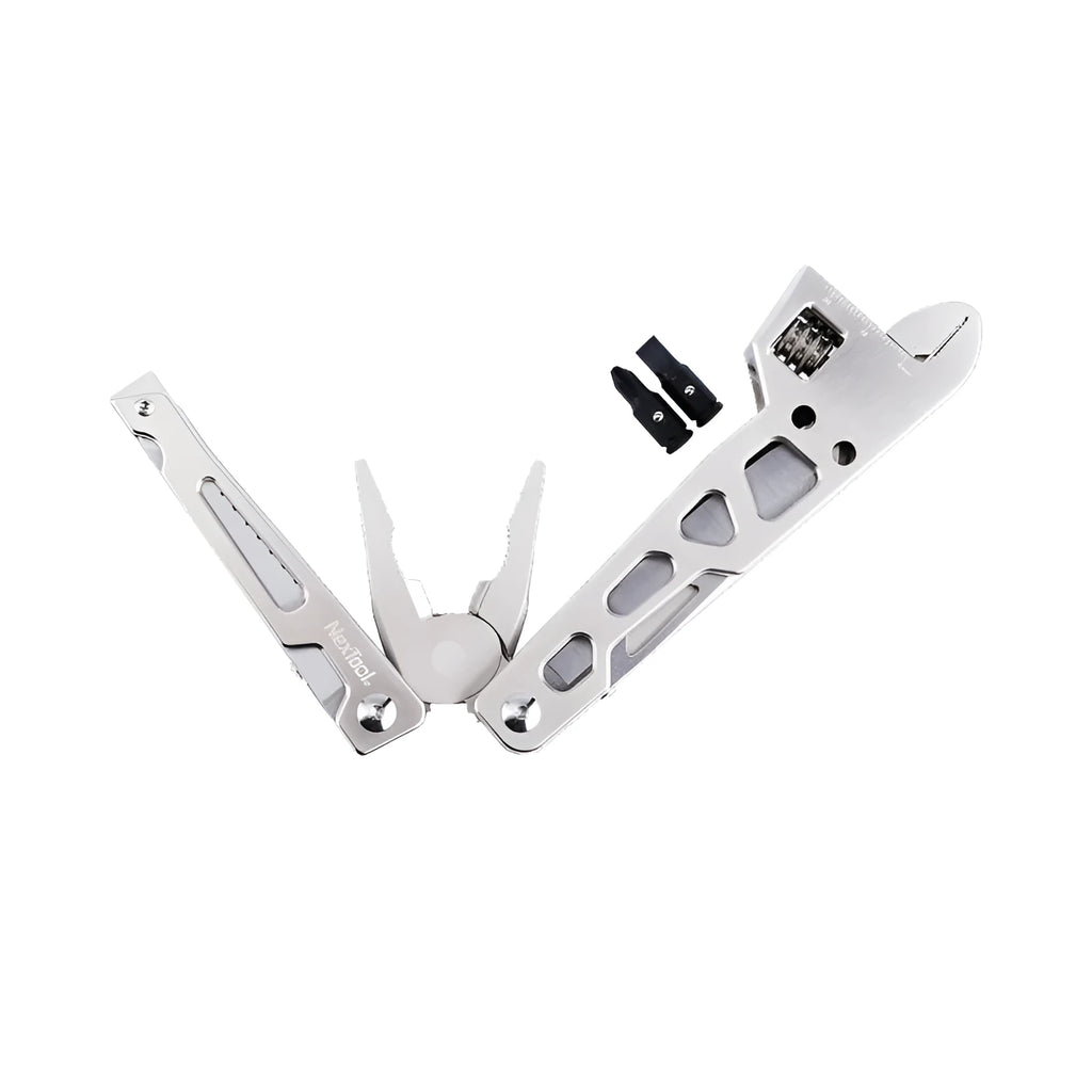White stainless steel multi-function tool showing integrated wrench, knife blade, and needle nose pliers.