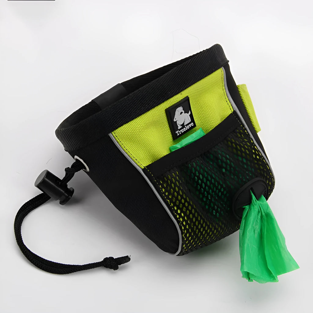 True Love dog training waist bag in green or orange with removable garbage compartment, shown in S and M sizes