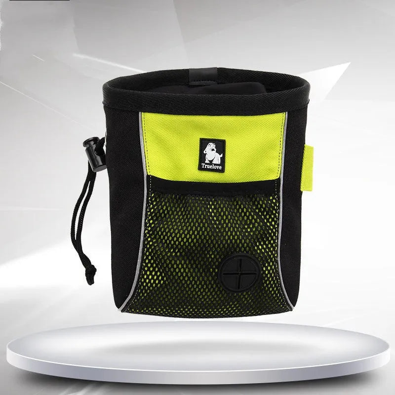 True Love dog training waist bag in green or orange with removable garbage compartment, shown in S and M sizes