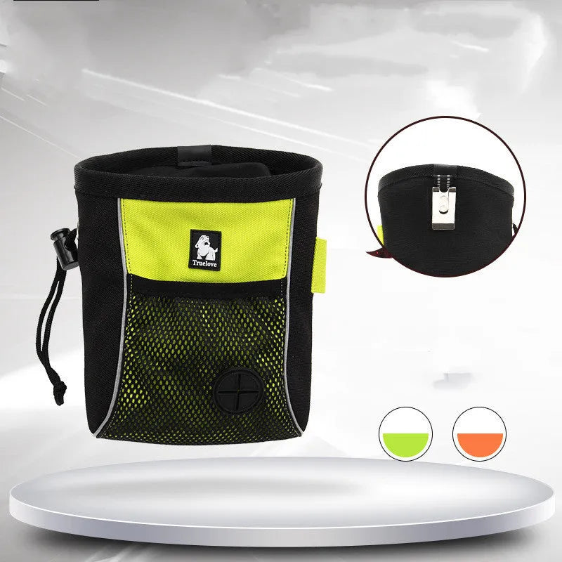 True Love dog training waist bag in green or orange with removable garbage compartment, shown in S and M sizes