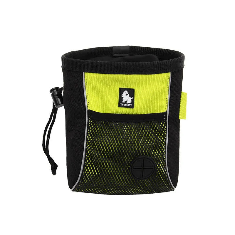 True Love dog training waist bag in green or orange with removable garbage compartment, shown in S and M sizes