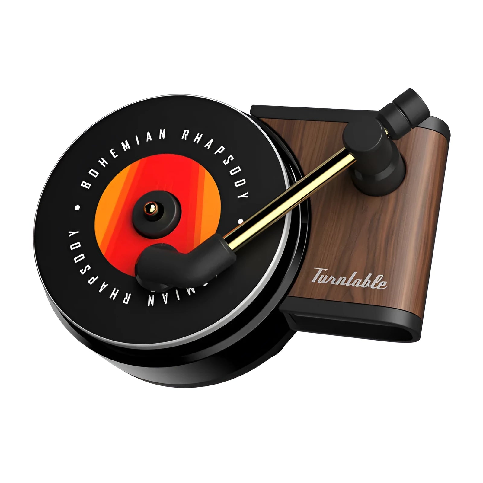 Brown alloy solid car perfume with record locomotive design clipped to a car air vent.