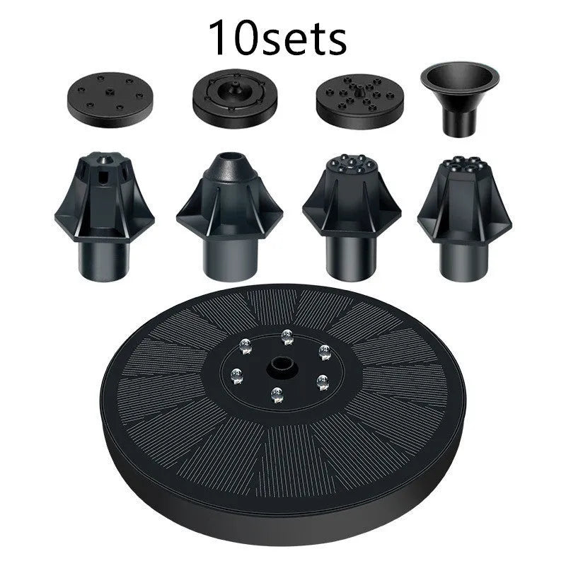 Black solar-powered fountain pump with solar panel and four spray nozzles for garden ponds.