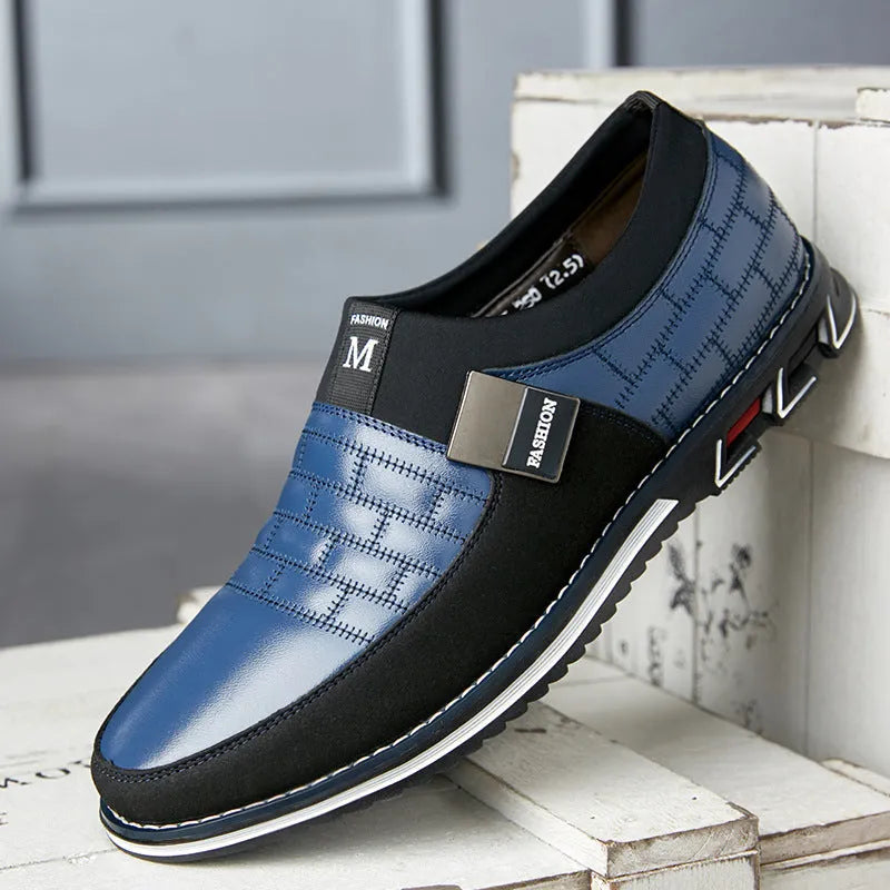 Men's blue casual leather shoes with low-cut design showing imitation leather upper and viscose sole