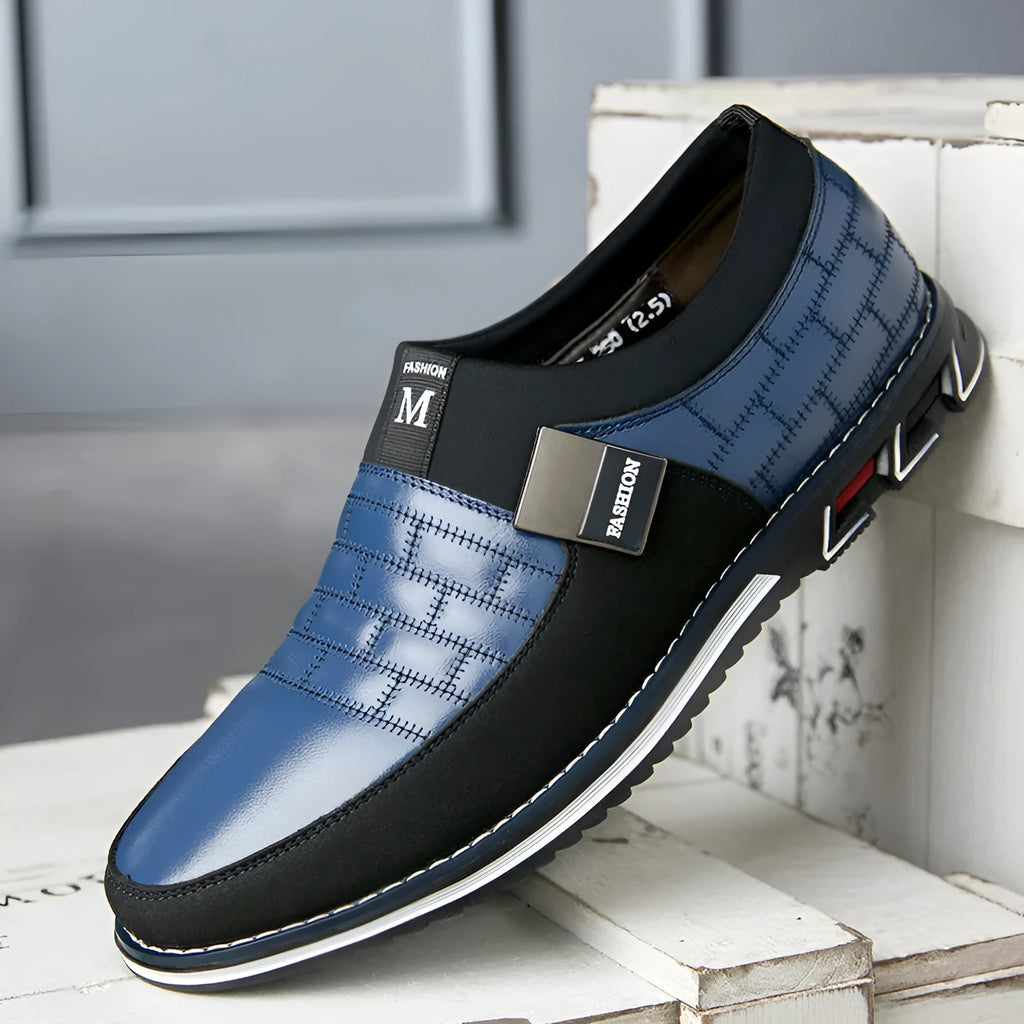 Men's blue casual leather shoes with low-cut design showing imitation leather upper and viscose sole