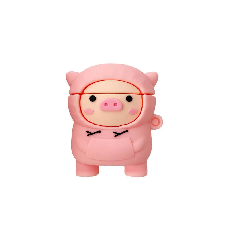 Pink silicone AirPods case with cartoon pig design and hook attachment for AirPods 1, 2, and Pro
