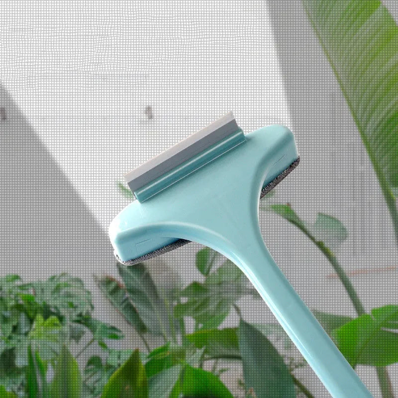 Blue window cleaning brush with double-sided sassafras head and a separate gap brush attachment on a white background.