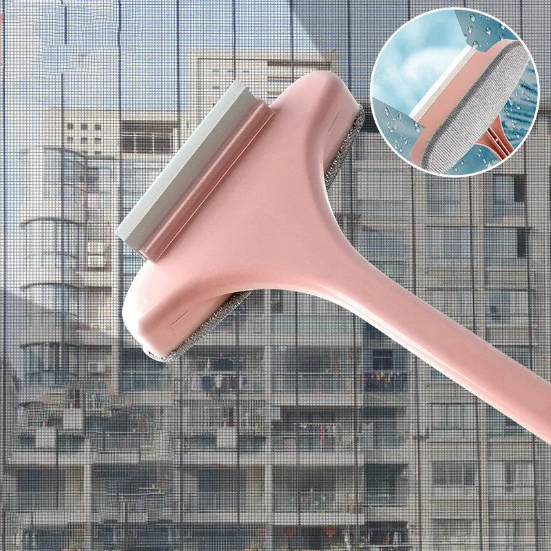 Blue window cleaning brush with double-sided sassafras head and a separate gap brush attachment on a white background.