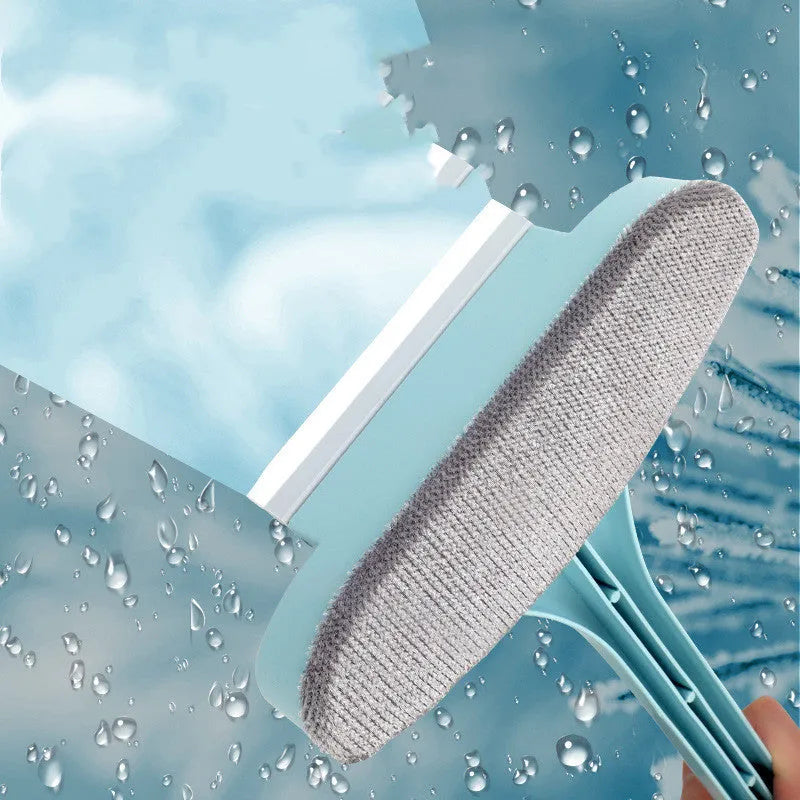 Blue window cleaning brush with double-sided sassafras head and a separate gap brush attachment on a white background.