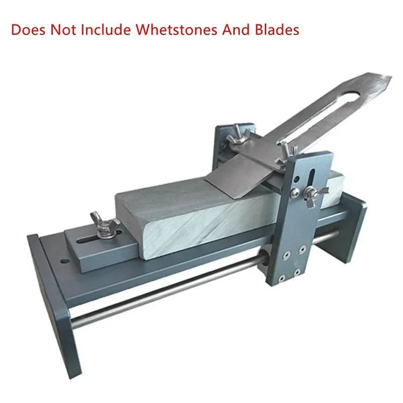 Aluminium alloy fixed angle sharpening tool for woodworking chisels and planer blades on a workbench.