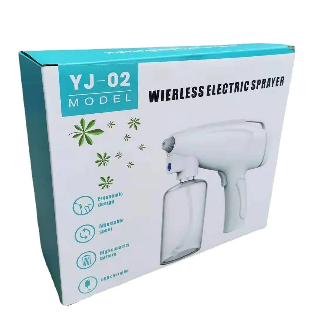 White handheld cordless electric spray gun with USB-C charging port and anti-clogging nozzle