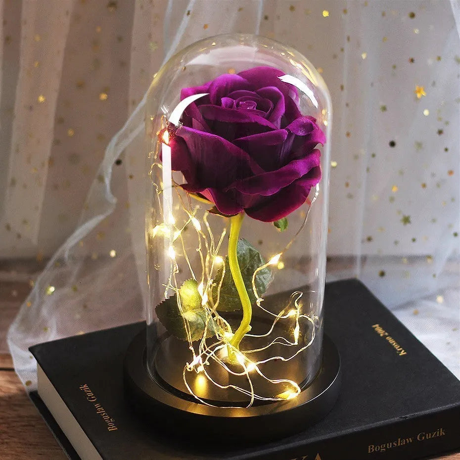 Glass-covered LED-lit silk rose bouquet in gift box for weddings and Mothers Day