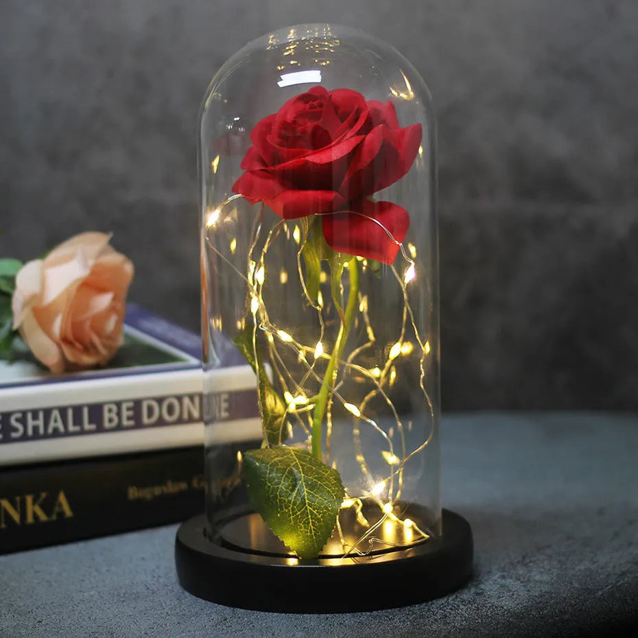 Glass-covered LED-lit silk rose bouquet in gift box for weddings and Mothers Day