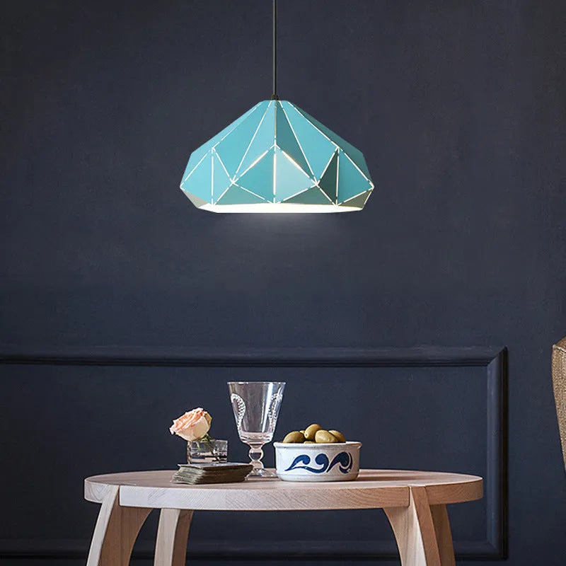 Nordic geometric pendant light with iron frame in black or white colour, 25cm diameter circular design