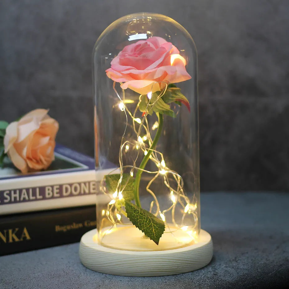 Glass-covered LED-lit silk rose bouquet in gift box for weddings and Mothers Day