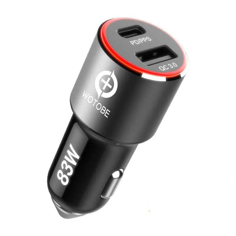 83W dual-port fast car charger with USB C and USB A ports for phones and laptops