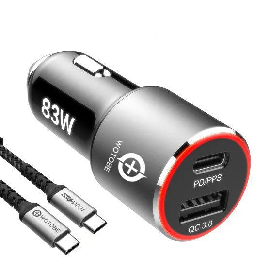 83W dual-port fast car charger with USB C and USB A ports for phones and laptops