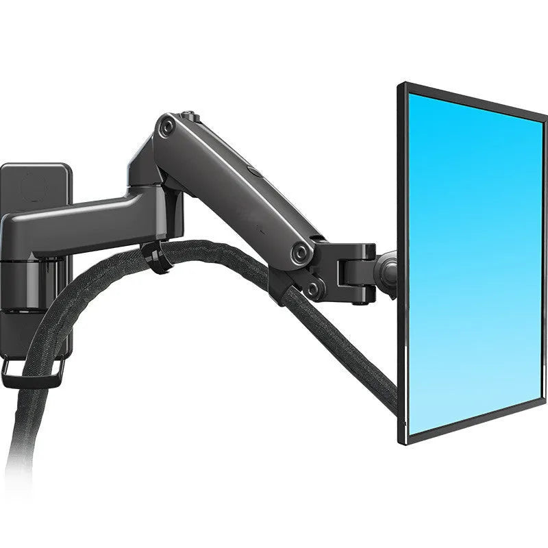 Black wall-mounted computer monitor stand with telescopic lifting mechanism and rotating screen mount