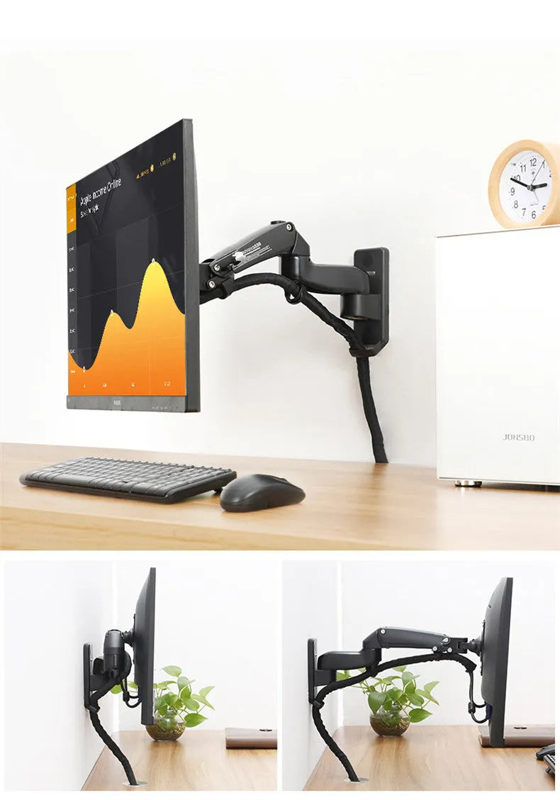 Black wall-mounted computer monitor stand with telescopic lifting mechanism and rotating screen mount