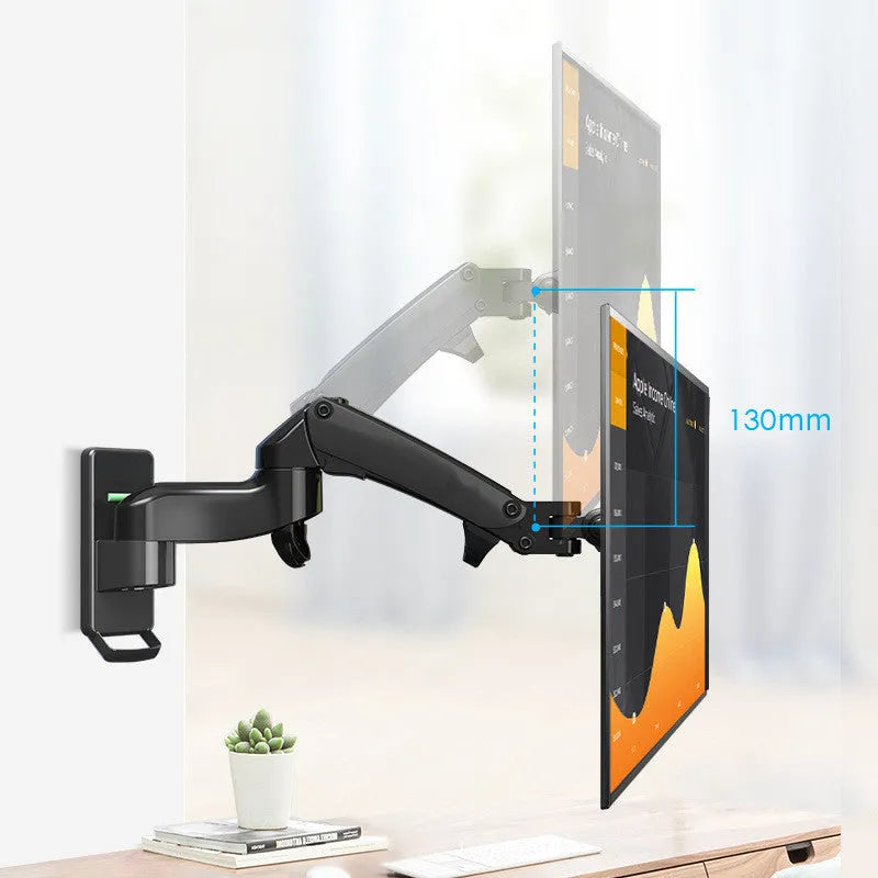 Black wall-mounted computer monitor stand with telescopic lifting mechanism and rotating screen mount