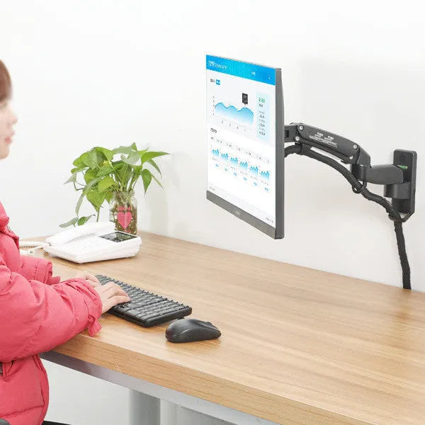Black wall-mounted computer monitor stand with telescopic lifting mechanism and rotating screen mount
