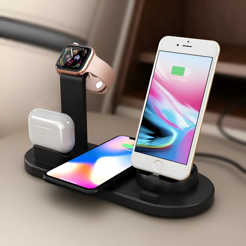 Black three-in-one wireless charging bracket holding an Apple Watch, headphones, and a smartphone.
