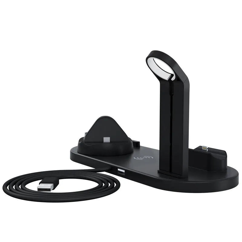 Black three-in-one wireless charging bracket holding an Apple Watch, headphones, and a smartphone.