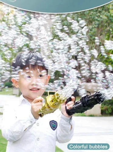 Kids bubble machine gun toy in pink, gold, or black, showing battery compartment and bubble solution sink.