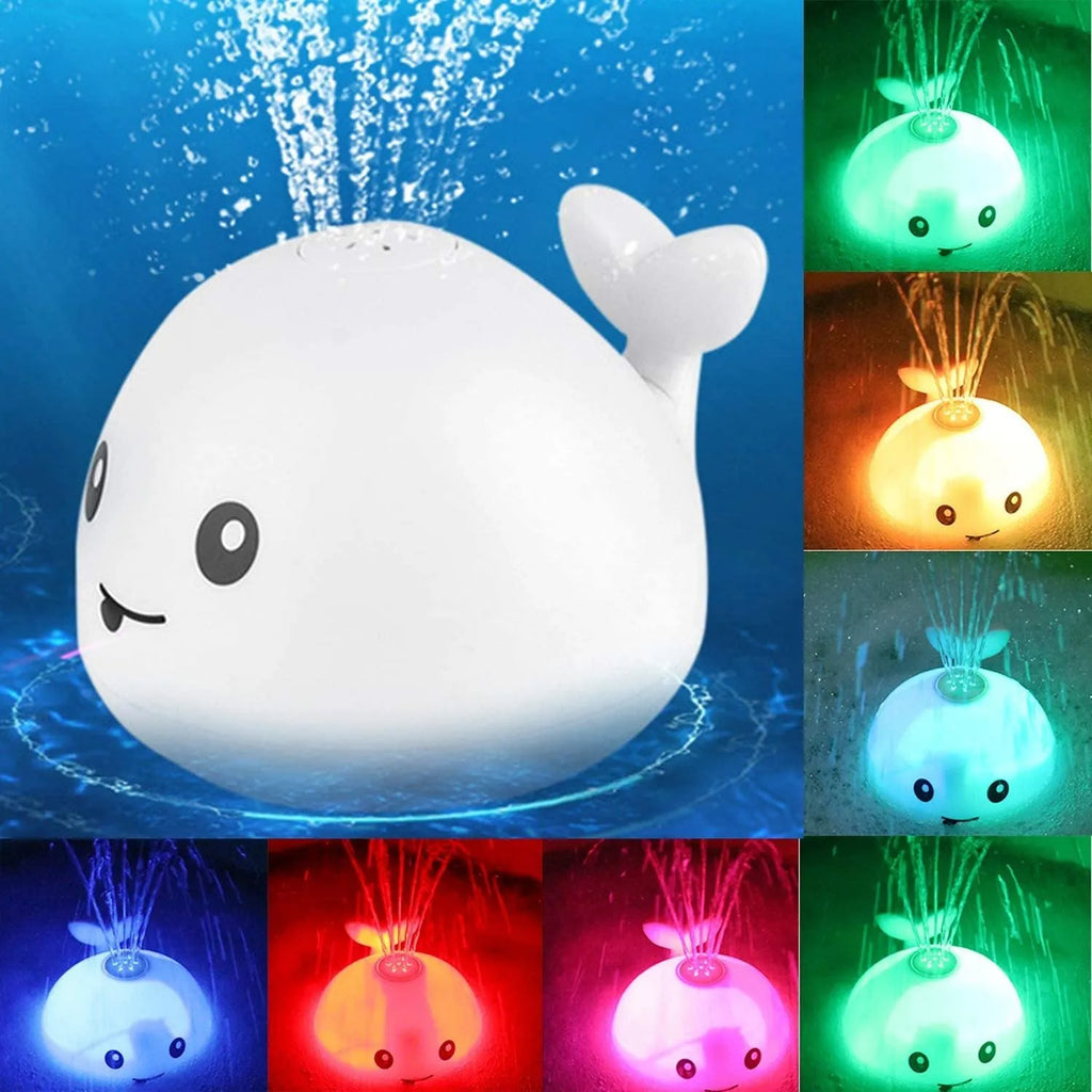 Electric induction whale bath toy with water spray and LED lights for baby bath time