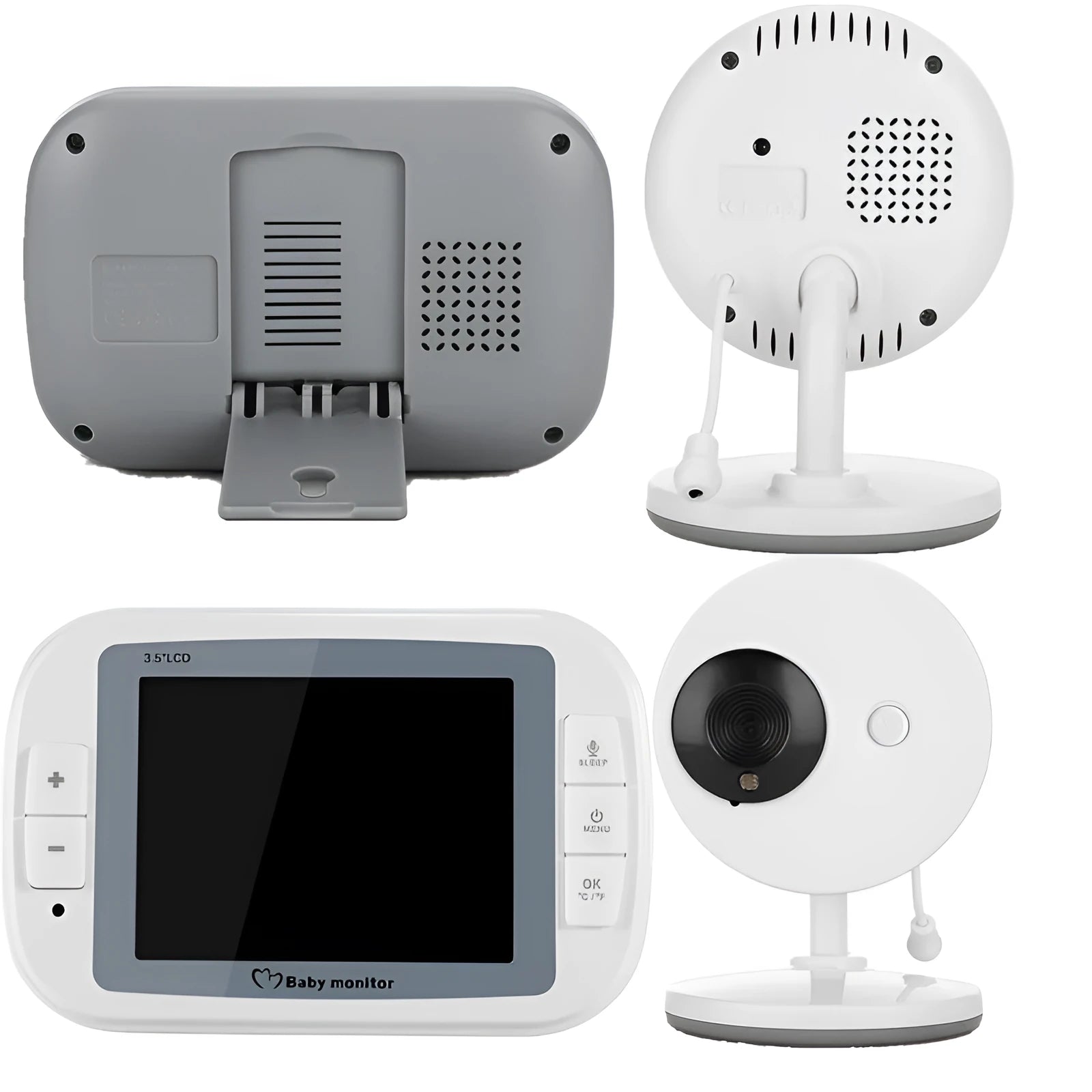 3.5 inch digital wireless baby monitor with white UFO-style camera and temperature display