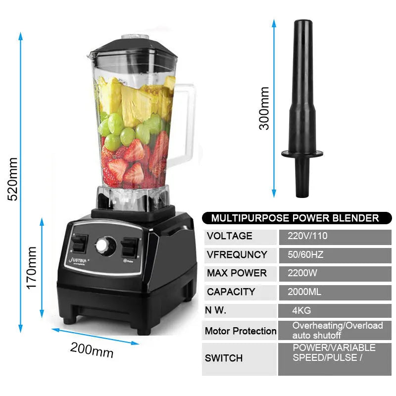 Black or red 2200W high-speed blender with 2-litre jar and wall-breaking function on kitchen counter.