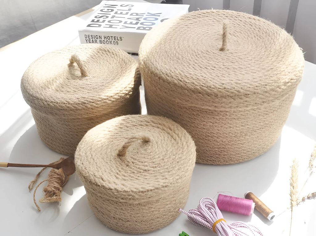 Japanese style linen storage basket with dustproof cover in three sizes for bedroom organisation