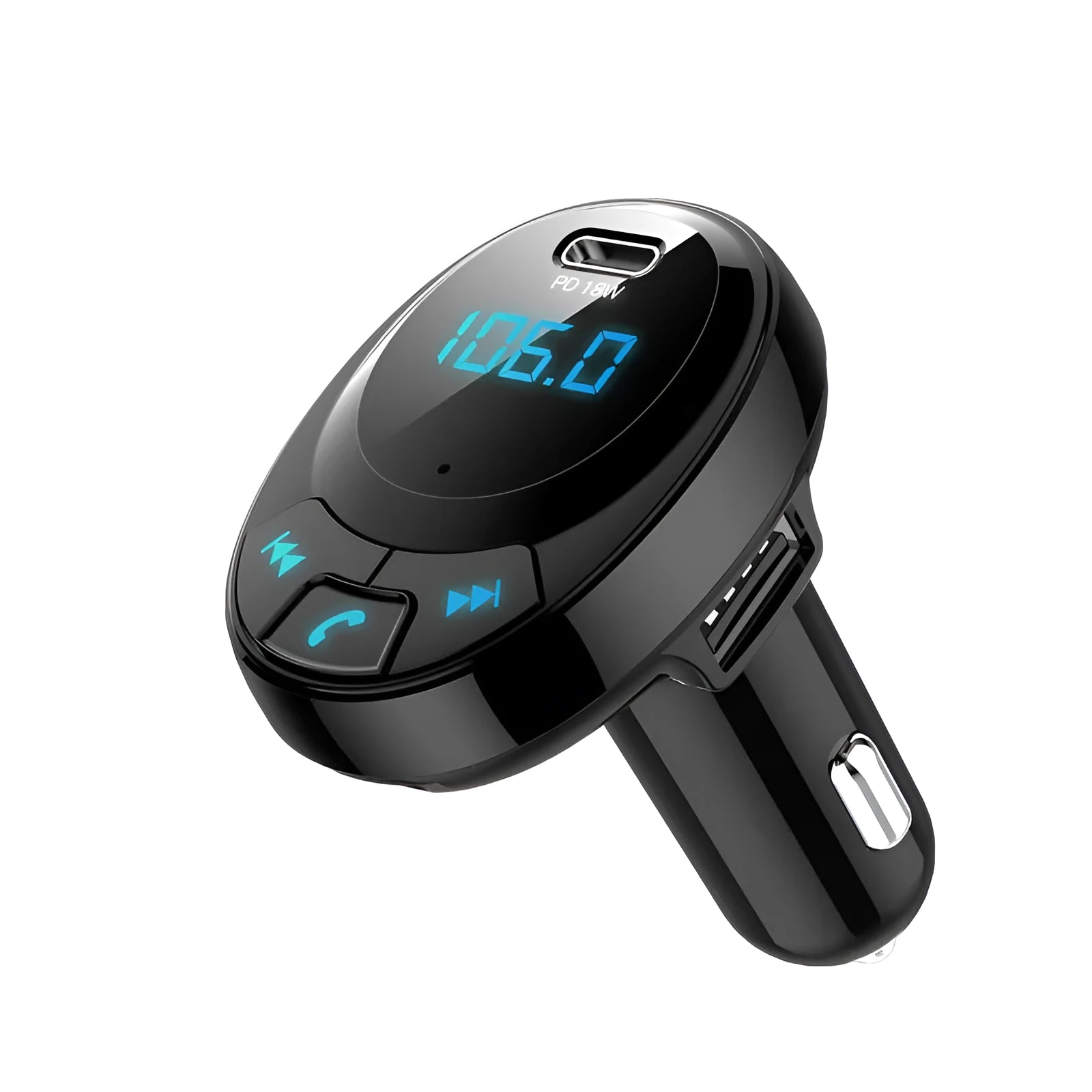 Black Bluetooth MP3 car charger with digital display and dual USB ports for vehicle use
