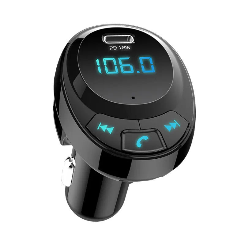 Black Bluetooth MP3 car charger with digital display and dual USB ports for vehicle use
