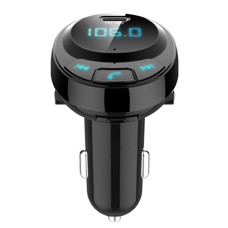 Black Bluetooth MP3 car charger with digital display and dual USB ports for vehicle use