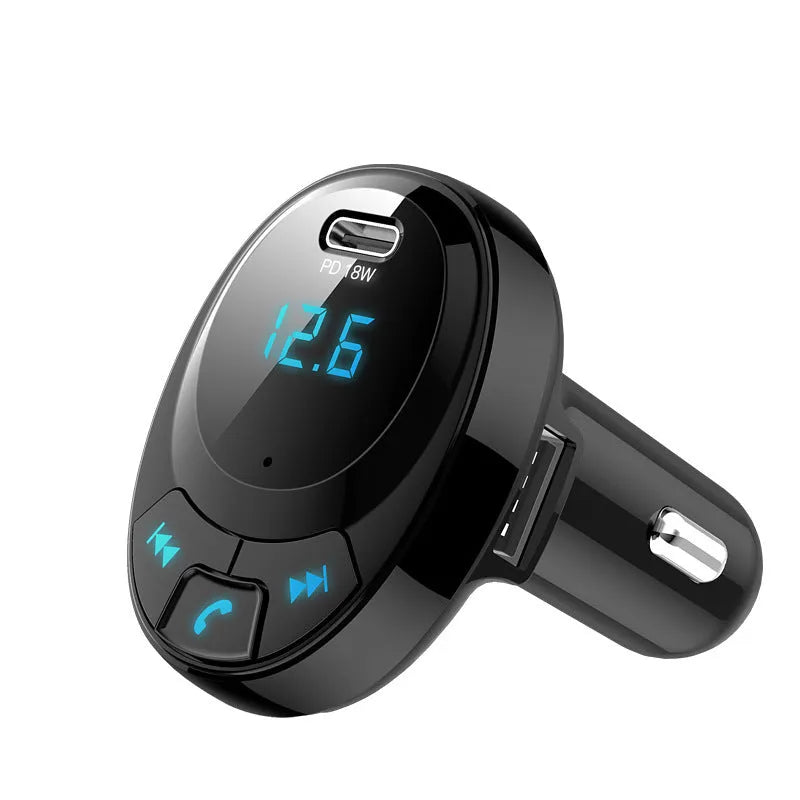 Black Bluetooth MP3 car charger with digital display and dual USB ports for vehicle use