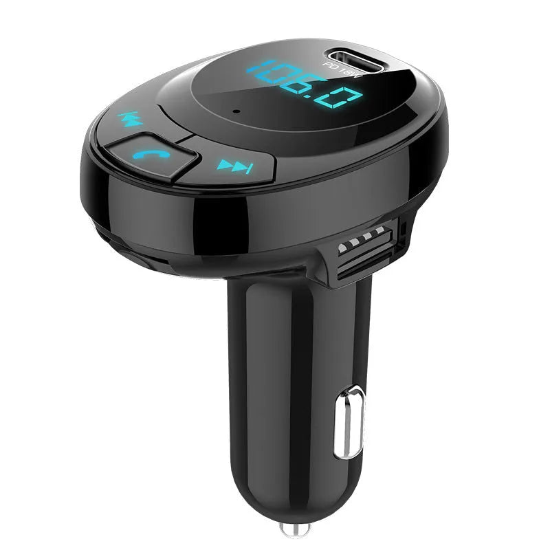 Black Bluetooth MP3 car charger with digital display and dual USB ports for vehicle use
