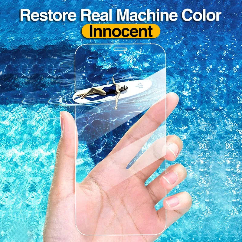 Four transparent tempered glass screen protectors for Apple iPhones on a white background.