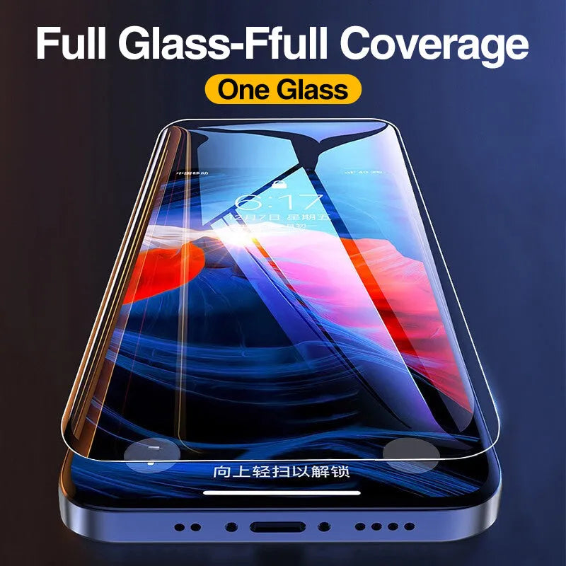Four transparent tempered glass screen protectors for Apple iPhones on a white background.