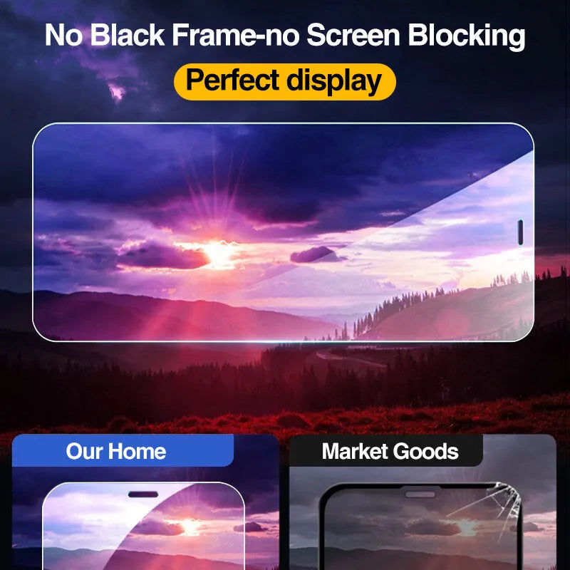 Four transparent tempered glass screen protectors for Apple iPhones on a white background.