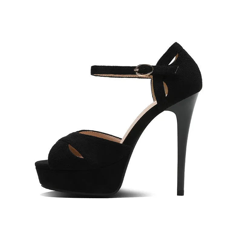 Black Roman style women's stiletto sandals with fish mouth toe and waterproof platform sole.