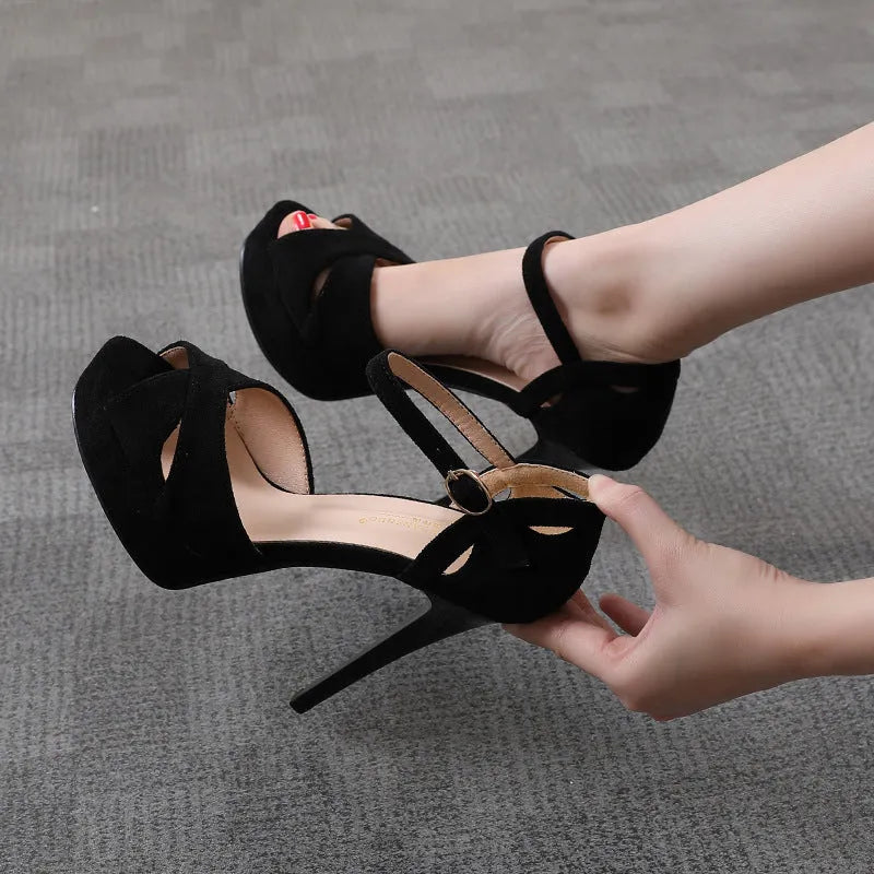 Black Roman style women's stiletto sandals with fish mouth toe and waterproof platform sole.