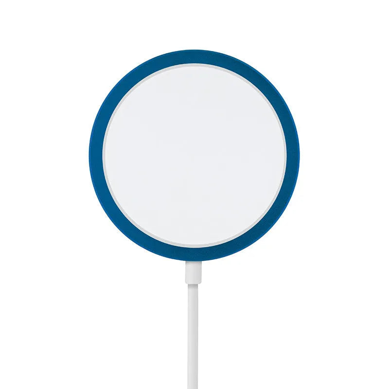 Magsafe magnetic wireless charger for iPhone in silver, black, blue, or red with USB cable