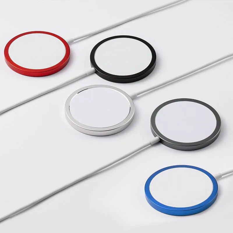 Magsafe magnetic wireless charger for iPhone in silver, black, blue, or red with USB cable